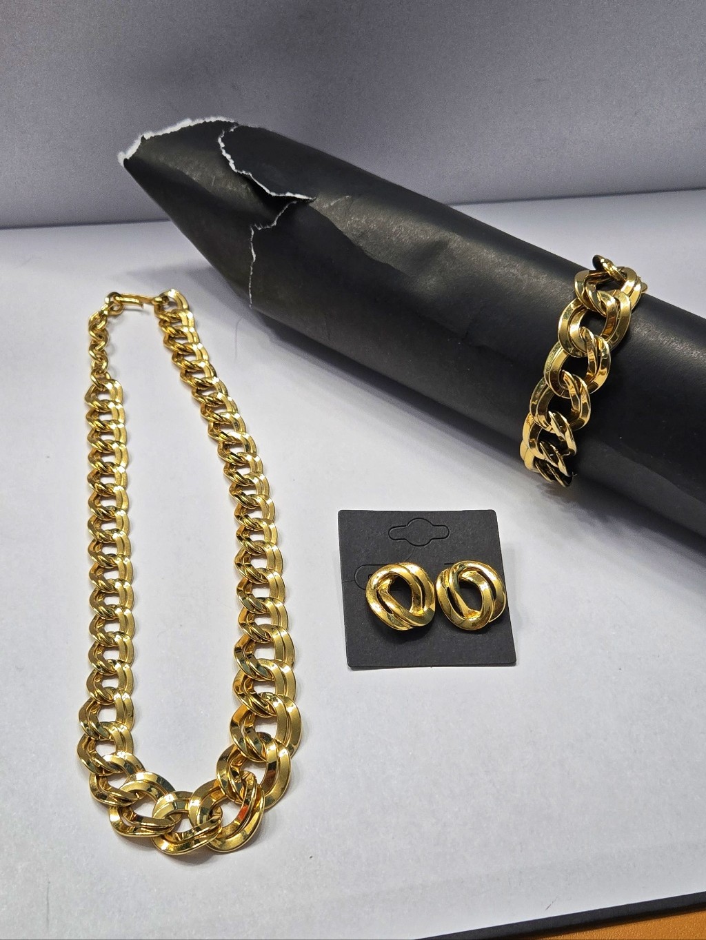 Monet Chunk Chain Gold Tone Heavy Chains Link Necklace Bracelet Earrings Set